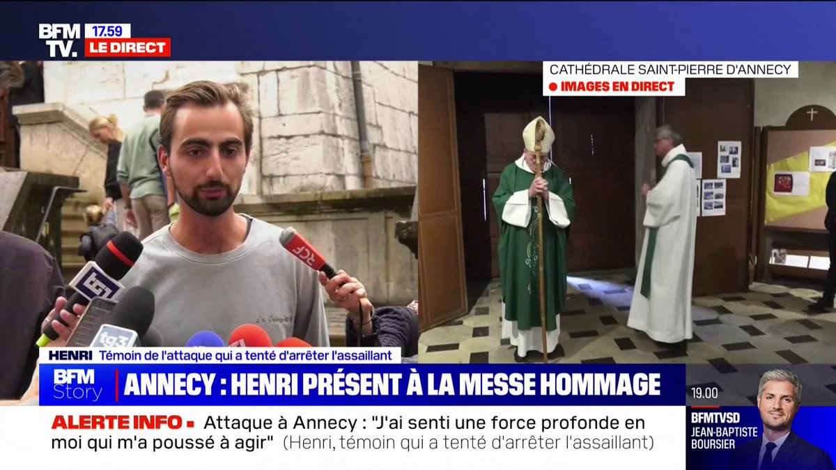 Attaque au couteau à Annecy: "Je n'avais qu'une image en tête, c'était celle du colonel Arnaud Beltrame", explique Henri, "le héros au sac à dos" ➡ Arnaud Beltrame s'était volontairement substitué à un otage au cours d'une attaque terroriste à Trèbes, le 23 mars 2018