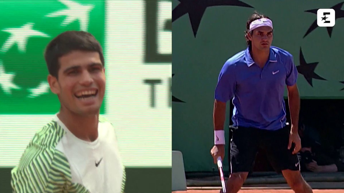 📅 2006, Roland Garros - Roger Federer 📅 2023, Roland Garros - Carlos Alcaraz Stesso colpo di genio a distanza di 17 anni. WOW 🧠✨ #Federer | #Alcaraz | #RolandGarros | #EurosportTENNIS