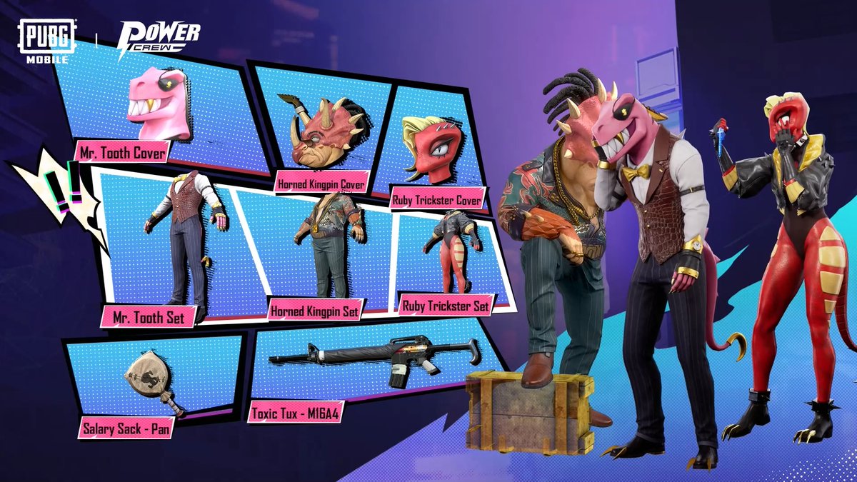 Grab your crew and get ready for a party! 🦖🦕🦖 Mr. Tooth, Horned Kingpin, and Ruby Trickster are ready to shake things up on the Battlegrounds. Drop in &amp; gear up: 📲 #PUBGMOBILE #PUBGMPOWERCREW #PUBGMOBILEC4S12