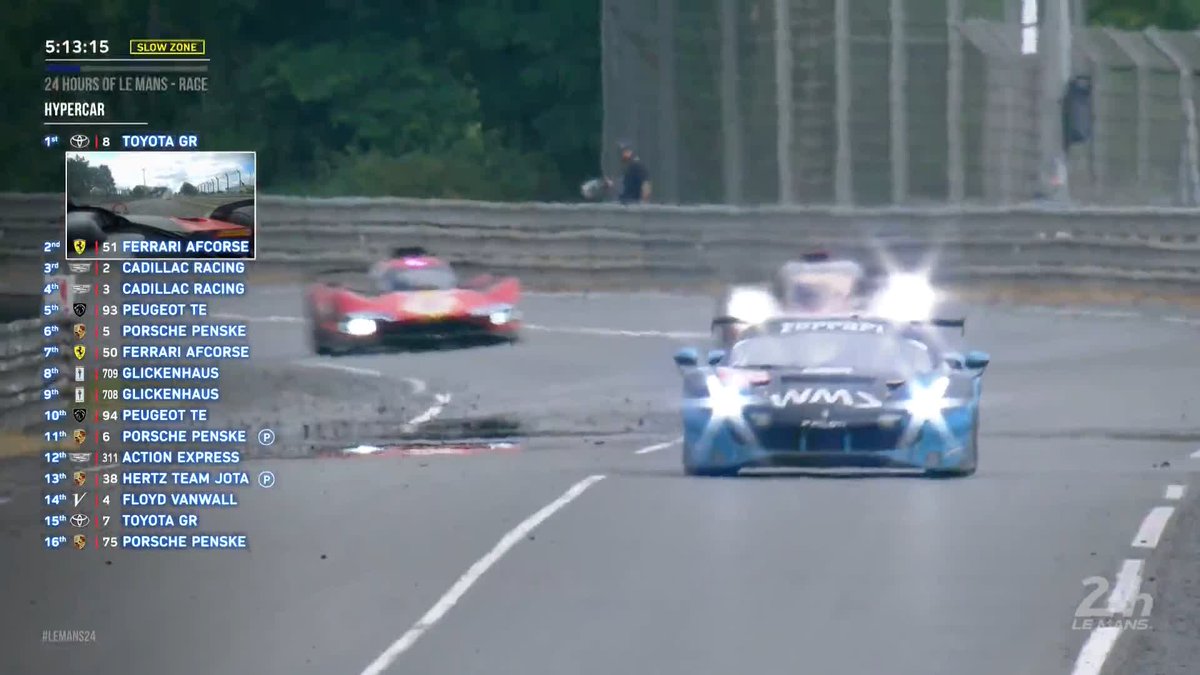 Ferrari ⚔️ Toyota Alessandro Pier Guidi in the #51 overtook Sebastien Buemi in the #8 Toyota to take the lead of the 24 Hours of Le Mans with 5 hours to go. #WEC #LeMans24 #LeMansCentenary | Ferrari Hypercar @TGR_WEC
