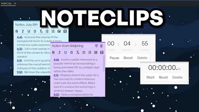 𝗡𝗼𝘁𝗲𝗖𝗹𝗶𝗽𝘀 A Notes App Extension Designed For Video Editors! 🎯 Click Timestamps to Jump in Timeline 🎥 Attach Videos/Images for Reviewing 🚀 Timers & Stopwatches for Speedrunning Edits 🎨 Personalization & More! 7 Day Free Trial! Use code "NOTES" for 20% off - 10 Uses
