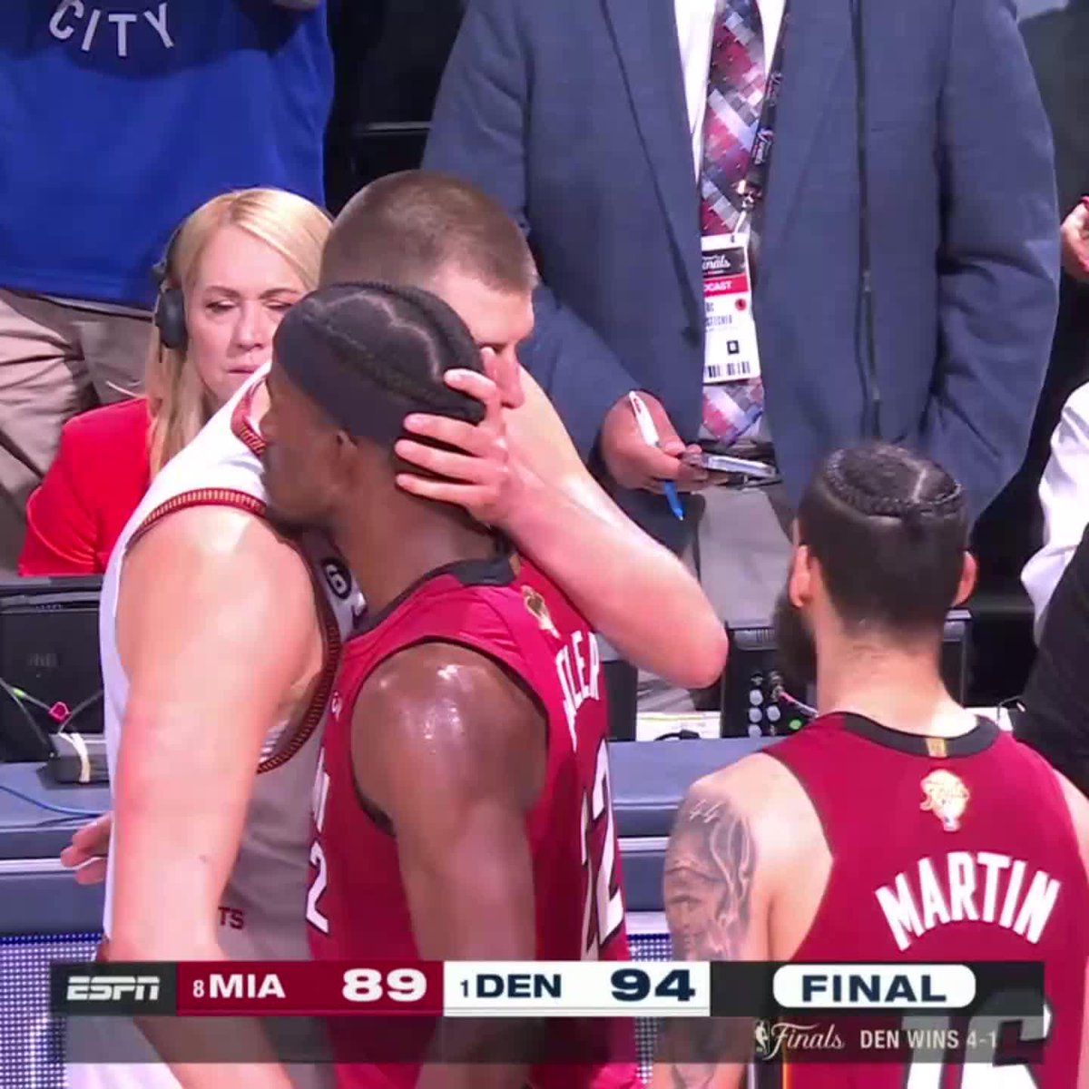 Jokic went up to every Heat player before celebrating winning the #NBAFinals Sportsmanship at its finest 👏