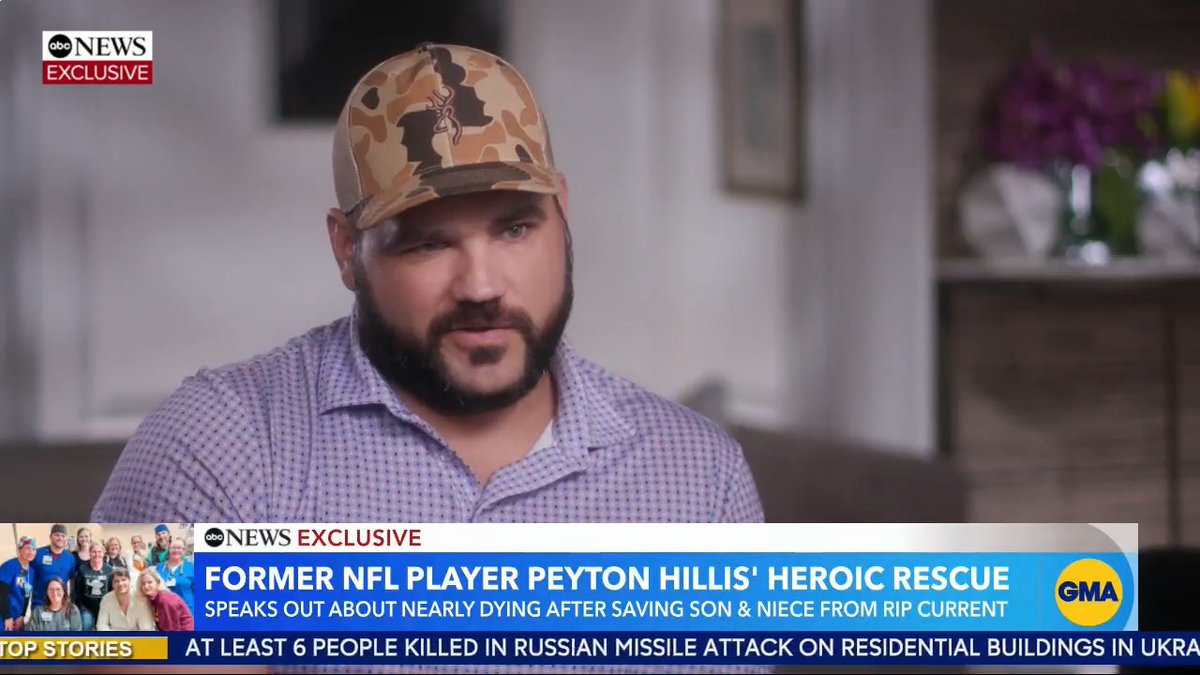 EXCLUSIVE: "It is 100% a miracle that somebody didn't die.” Former NFL running back Peyton Hillis recounts saving his son and niece from a rip current while swimming at a Florida beach earlier this year to Michael Strahan.