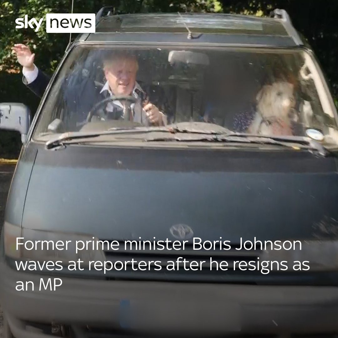 Former prime minister Boris Johnson waved at reporters after he announced his decision to step down from his role as an MP. He had received a letter from the privileges committee, which is investigating whether he lied to MPs over partygate. Read more: