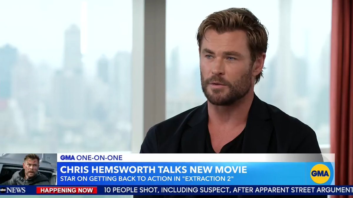 "It was by far the most exhausting, physically draining taxing experience I have ever had." Chris Hemsworth talks to Linsey Davis about his new movie #Extraction2, which has a 21-minute fight scene that took six weeks to shoot.