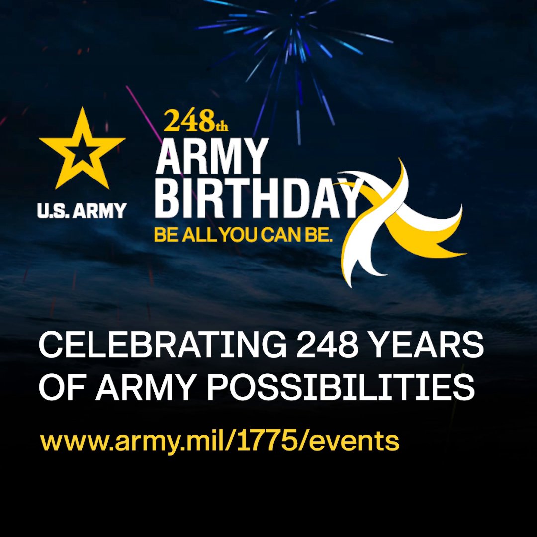 Join us for live streams today to celebrate our 248th #ArmyBday here on our Twitter account. 📺 9A ET: Wreath-laying ceremony at Arlington National Cemetery. 📺 6:30P ET: Twilight Tattoo hosted by @ArmyChiefStaff and @USArmySMA at @jbmhh.