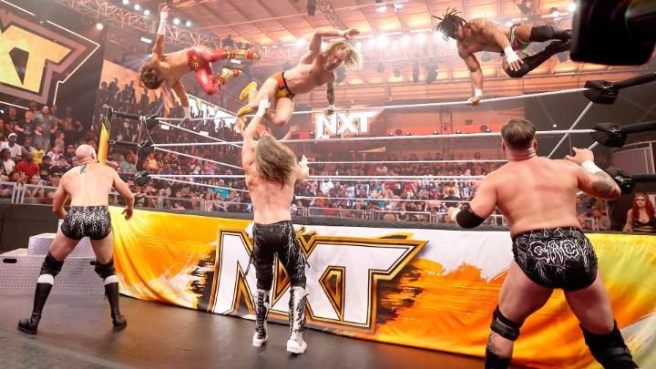 .@AliWWE, Tyler Bate and North American Champion @WesLee_WWE team up to take on #Schism in a chaotic Six-Man Tag Team Match to kick off NXT. #WWENXT