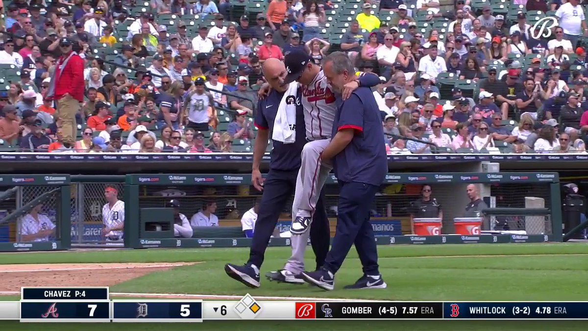 Jesse Chavez gets hit on the left leg by a Miguel Cabrera comebacker and needs to be helped off the field.