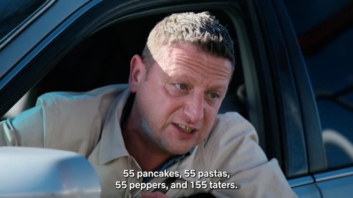 55 BURGERS, 55 FRIES, 55 TACOS, 55 PIES, 55 COKES, 100 TATER TOTS, 100 PIZZAS, 100 TENDERS, 100 MEATBALLS, 100 COFFEES, 55 WINGS, 55 SHAKES, 55 PANCAKES, 55 PASTAS, 55 PEPPERS AND 155 TATERS.