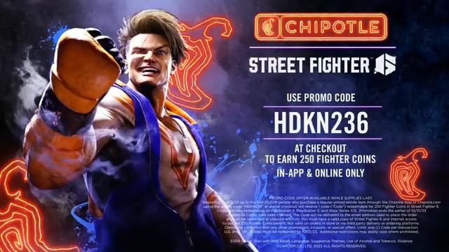 You call, I answer! Earn 250 Fighter Coins by using code "HDKN236" at checkout on the Chipotle app or website until October 31 (or until supplies last). Details -