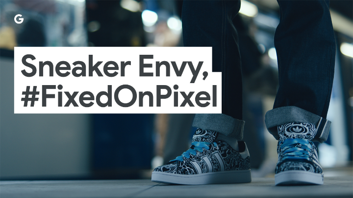 Got sneaker envy? #FixedOnPixel. Next time you spot a fresh new pair of adidas Originals kicks on the subway or get inspired by anything else you see, Google Lens on the new #Pixel7a is there to help search for things that catch your eye.