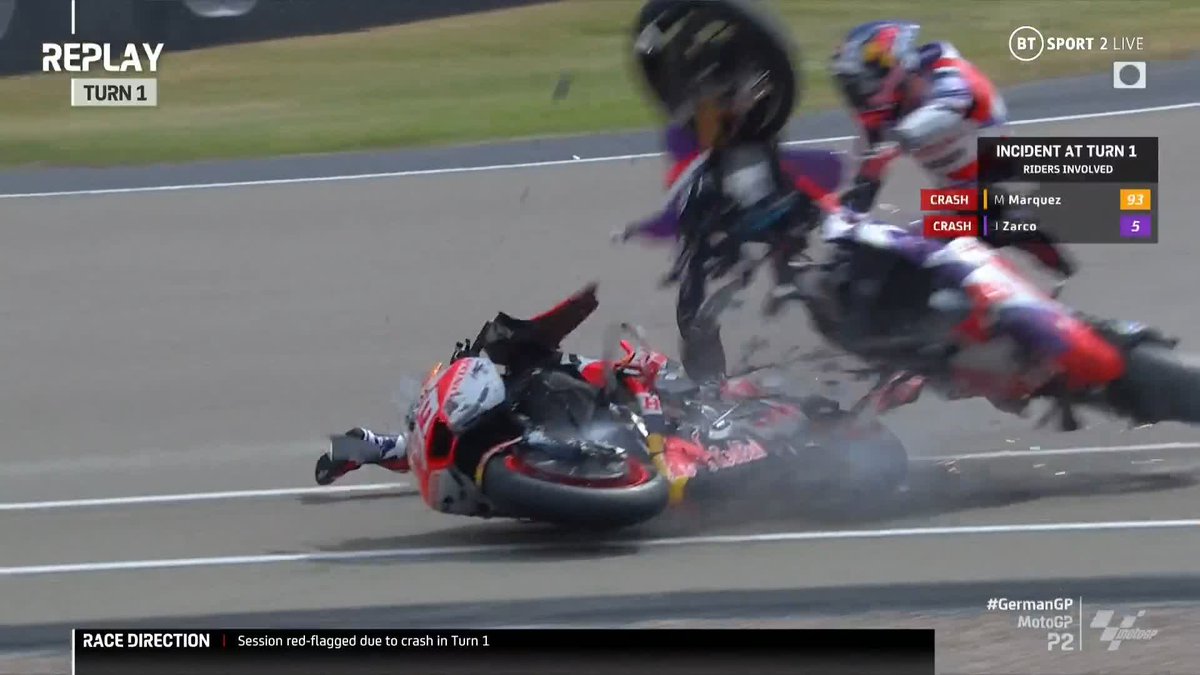 Marc Márquez goes down, and collects Johann Zarco, whose bike splits in two 🤯 Both are up and walking about, but that'll be a red flag. #GermanGP