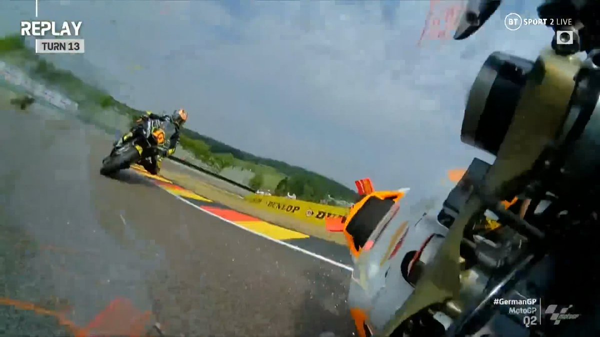 He's down again 🤯 A very sore-looking Marc Márquez crashes in the same place as in the last session, and he's hobbling back to the pits again... #GermanGP