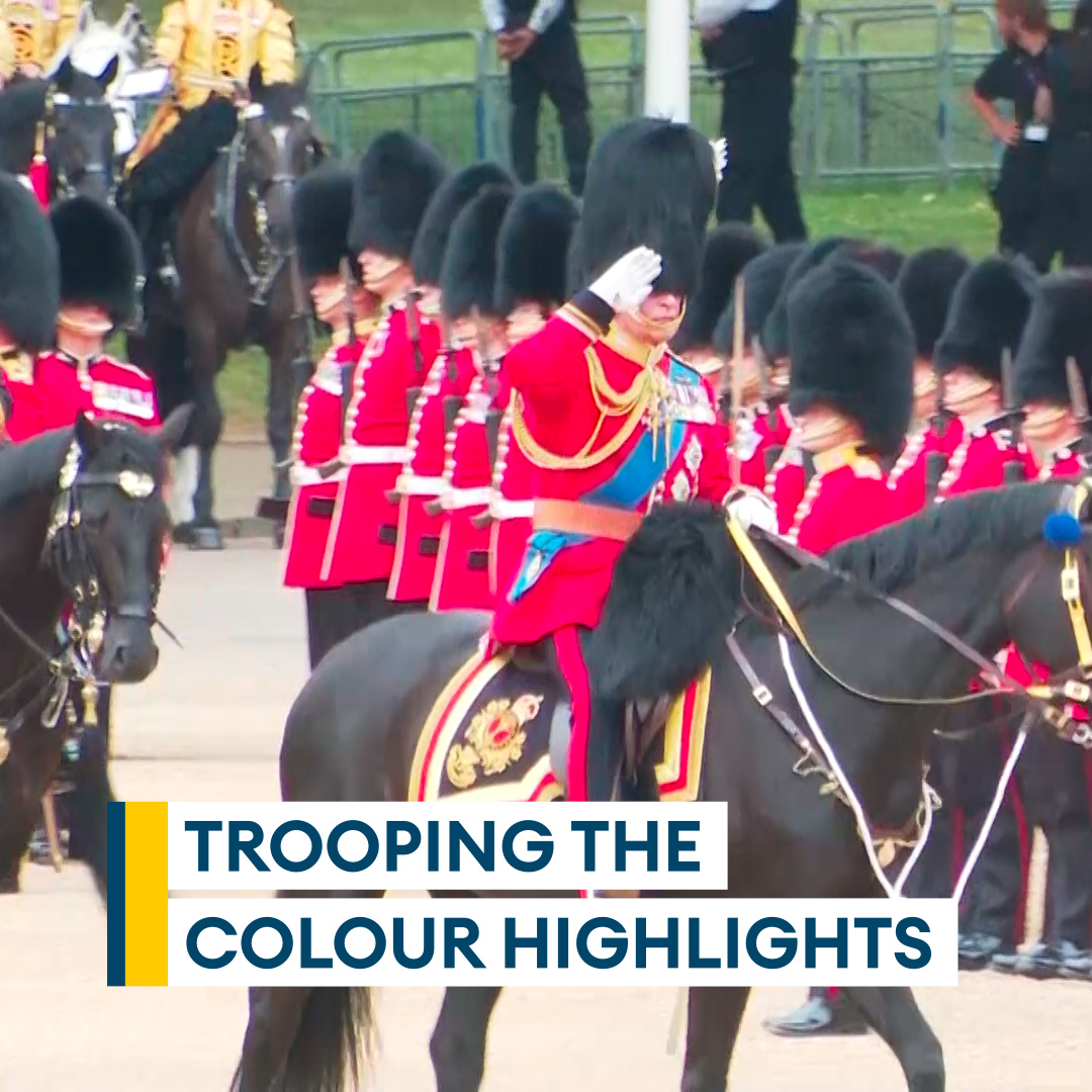 Watch highlights from today's Trooping the Colour.👇 1,500 service personnel took part in the day, which saw the King inspect hundreds of guardsmen on the parade ground. This year was the first time the reigning monarch had ridden at Trooping the Colour since 1986. 🐎