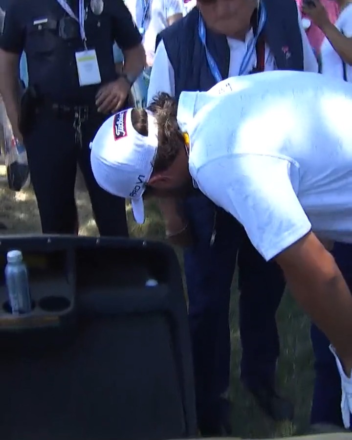 Crazier odds than a hole-in-one 🤯 Cameron Young's tee shot landed in the golf ball holder on a golf cart.