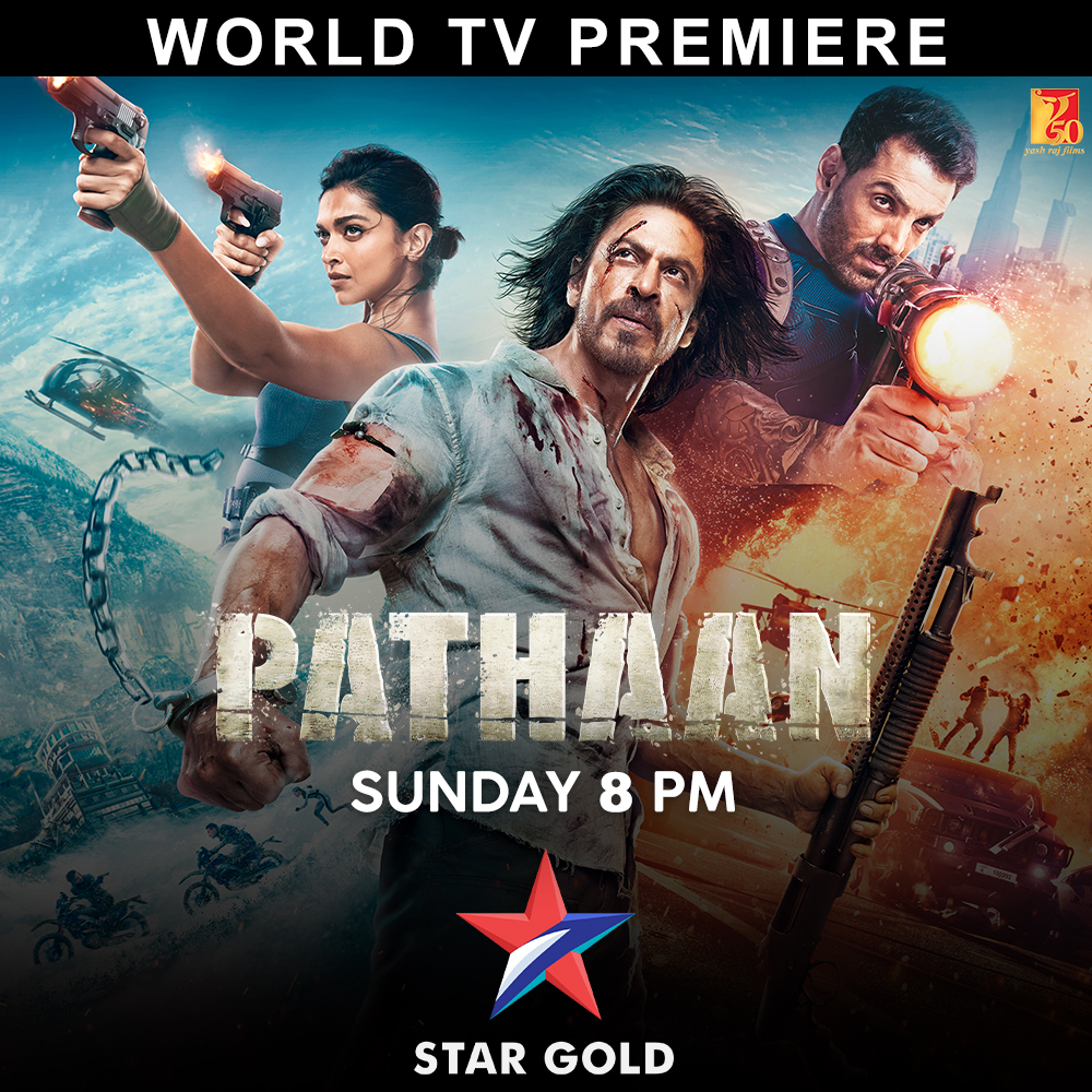 🎉 It's here! The adrenaline pumping action blockbuster now on your 📺 screens! PS: Don't forget to blink! Watch the #WorldTVPremiere of #Pathaan tonight at 8PM only on Star Gold #PathaanOnStarGold