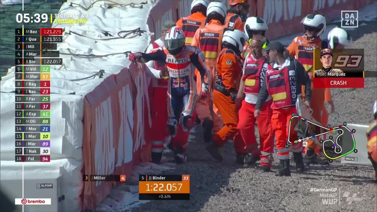 ¡Es la QUINTA CAÍDA del fin de semana para Marc Márquez! 😨 ¡Al suelo también en el warm up! En el mismo circuito en el que había ganado, hasta este año, todas las veces que había corrido en #MotoGP 😨 ¡Una auténtica pesadilla! #GermanGP 🇩🇪