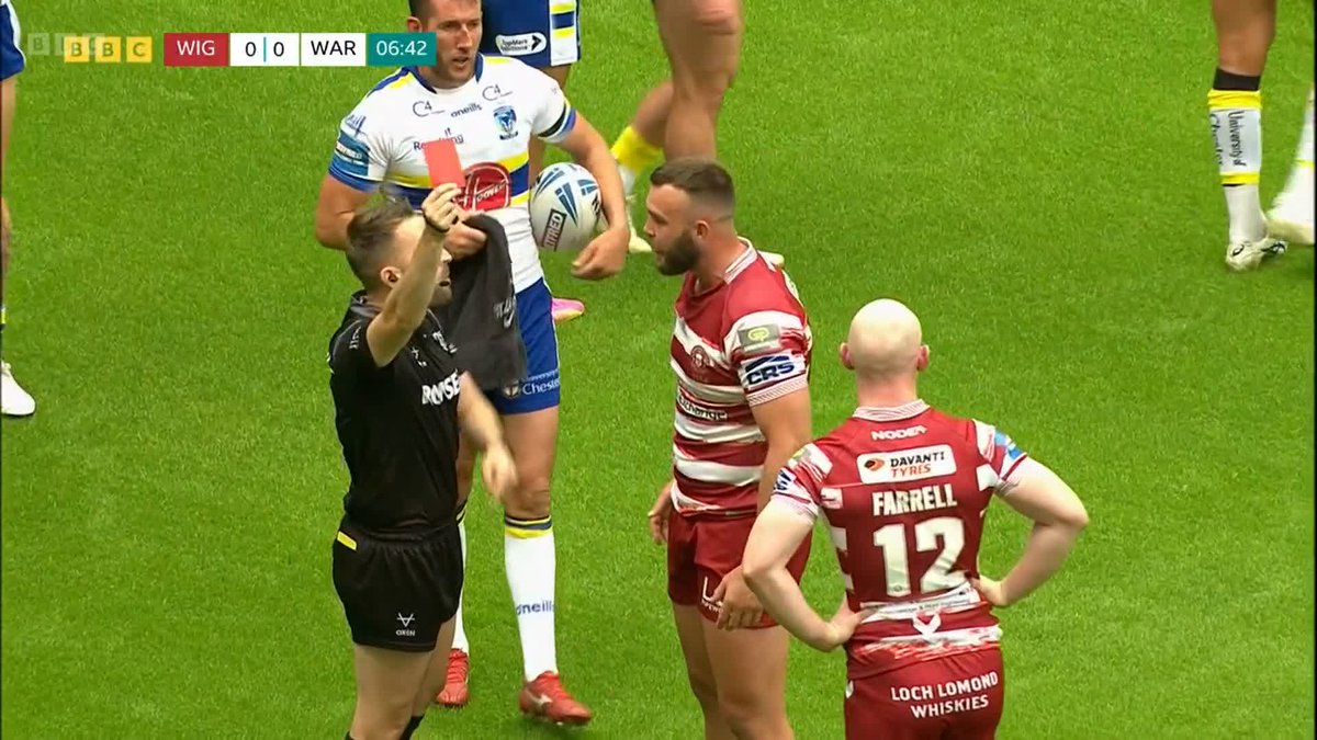 Wow 🤯 Wigan's Kaide Ellis has been sent off by referee Liam Moore inside the first seven minutes! 🔴 Thoughts on that? 📲 Watch live on BBC One and BBC iPlayer #BBCRL #ChallengeCup