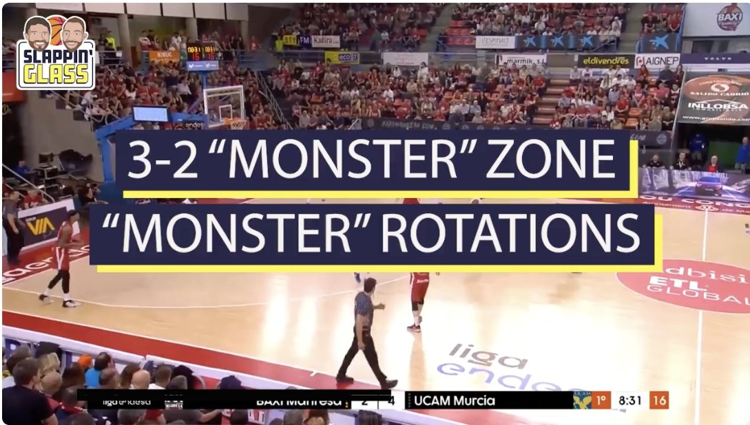 { 3-2 "Monster" Zone } In Today's 🗞 & 📺 we detail the 3-2 "Monster" Zone. "Monster" denoting the big/forward positioned at the top of the zone, whose responsibility is to mirror the ball changing the zone between a 3-2 & 2-3 according to the pass. 🗞