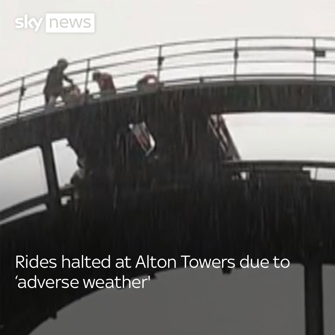 Footage shows people getting out of a stopped car on the Oblivion rollercoaster as thunder rumbles and heavy rain pours down. Several rides at the Alton Towers theme park near Stoke-on-Trent were closed on Sunday due to the adverse weather. See more 👉