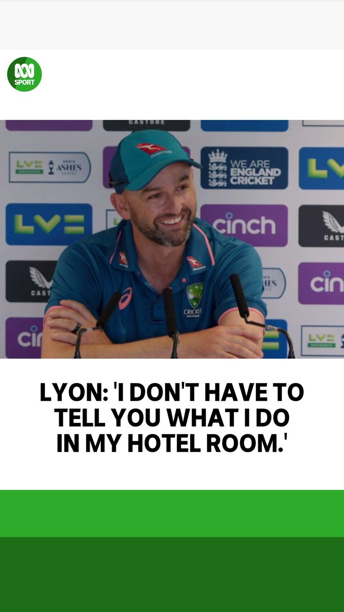 😂🍻 "I don't have to tell you what I do in my hotel room." Nathan Lyon's spinning finger techniques are being kept to himself after a reporter was looking to give Moeen Ali a hand with 'piss' advice. 📱 Listen live on the ABC listen app: #Ashes #ENGvAUS