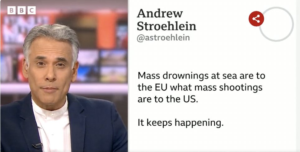 "Mass drownings at sea are to the EU what mass shootings are to the US" - Andrew Stroehlein "…senseless deaths in the Mediterranean Sea year in &amp; year out … and we’re seeing policies that enable deaths rather than ensure rescue” - Judith Sunderland to BBC
