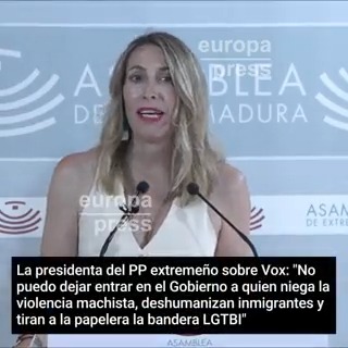 La presidenta del PP extremeño, María Guardiola, sobre Vox: "Yo no puedo dejar entrar en el Gobierno a quienes niegan la violencia machista, a quienes deshumanizan inmigrantes y quienes ponen una lona y tiran a una papelera la bandera LGTBI"