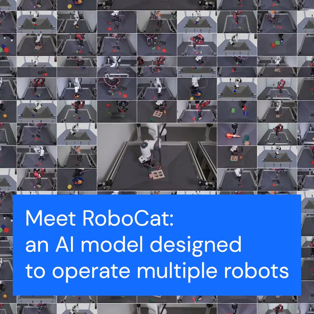 Introducing RoboCat, a new AI model designed to operate multiple robots. 🤖 It learns to solve new tasks on different robotic arms with as few as 100 demonstrations - and improves skills from self-generated training data. Find out more: