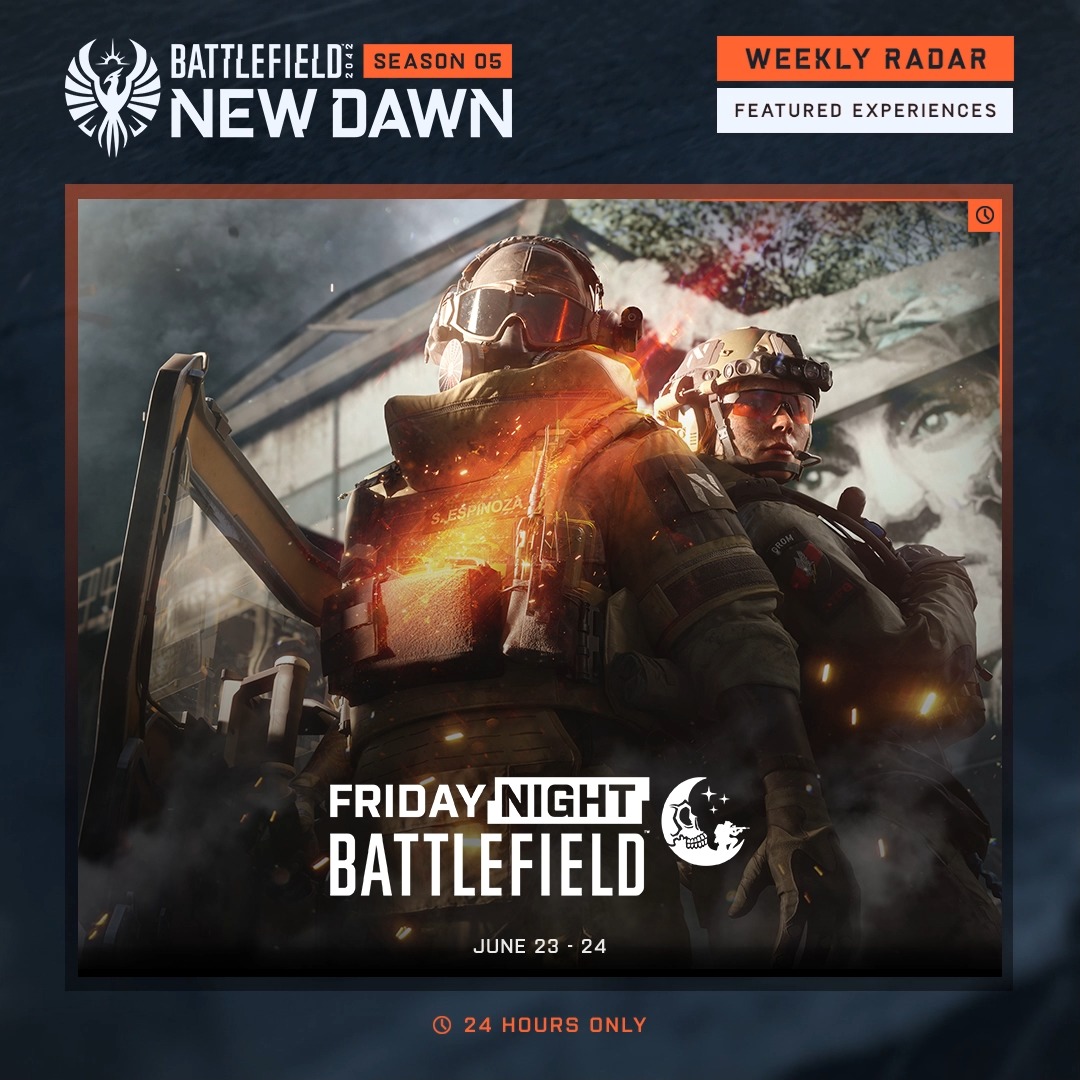 Enjoy this week's #Battlefield Portal experiences 👇 🔹 1942 Rendezvous (Jun 20 - 27) 🔸 Sniper Rifle FFA (Jun 20 - 23) 🔹 #FNB - Reclaimed Rush Chaos 🔸 Jack of all Trades Keep track of experiences &amp; events with the Community Calendar 📅 👉