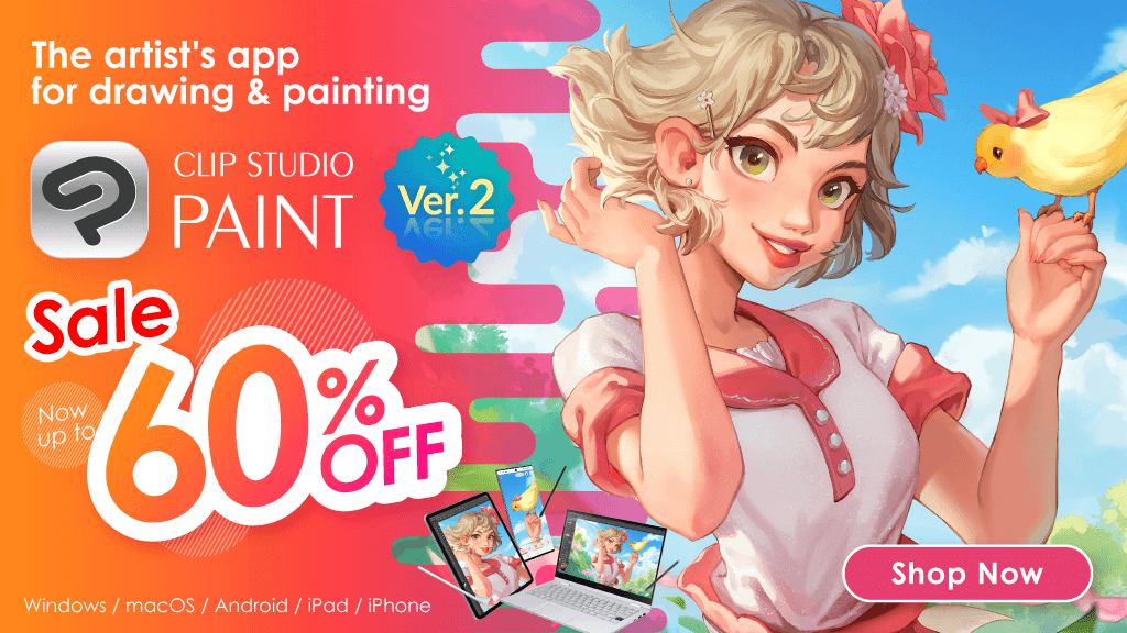 Our Summer Sale is underway! Get up to 60% off Clip Studio Paint Ver. 2!! Both versions and Pro to EX upgrades are on sale as well until June 27, 2023, 8:00 a.m. UTC/GMT!
