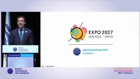 Estamos preparados para albergar la #Expo2027. Málaga es la mejor candidatura. Pido el voto para Malaga2027 a la Asamblea de BIE. Queremos mostrar cómo otro mundo a través de sus ciudades, en clave sostenible, es posible, necesario y urgente. #BIE172 #Málaga2027