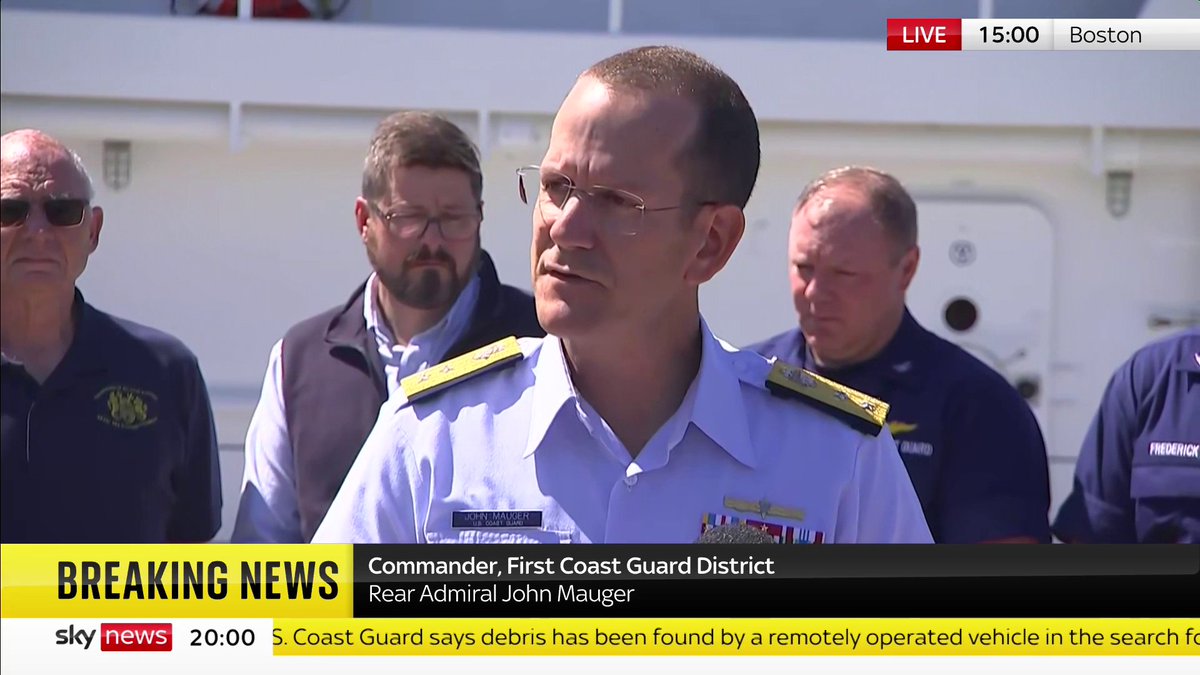 BREAKING: The Coast Guard confirms that a remote operated vehicle discovered key parts of the Titan submersible approximately 1600ft (487.68) from the Titanic on the sea floor. Rear Admiral John Mauger offers his condolences to the families. 📺 Sky 501