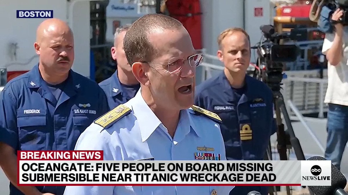 BREAKING: The U.S. Coast Guard announces that debris found 1,600 feet away from the Titanic wreckage "is consistent with the catastrophic loss of the pressure chamber" of the Titan.