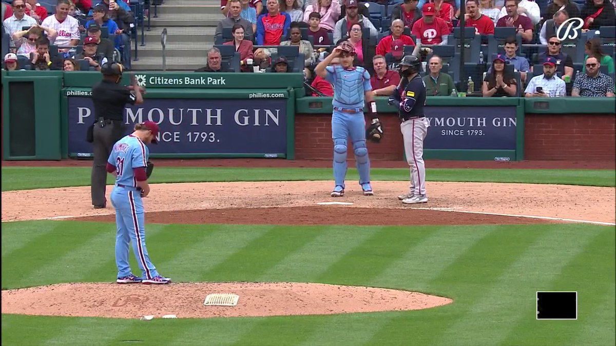 Tie game. Ninth inning. Travis d'Arnaud called for a third strike on a pitch clock violation here.