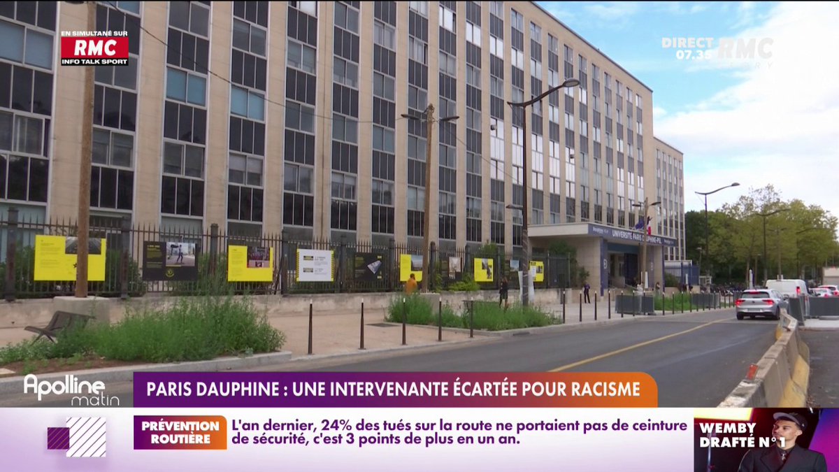 ‼ INFO RMC : Une intervenante de l'université Paris Dauphine a été écartée par des propos racistes à l'encontre d'une étudiante. Elle s'était présentée avec un voile sur la tête pour passer sa soutenance de fin d'année et a été prise à partie par la professeure. #ApollineMatin