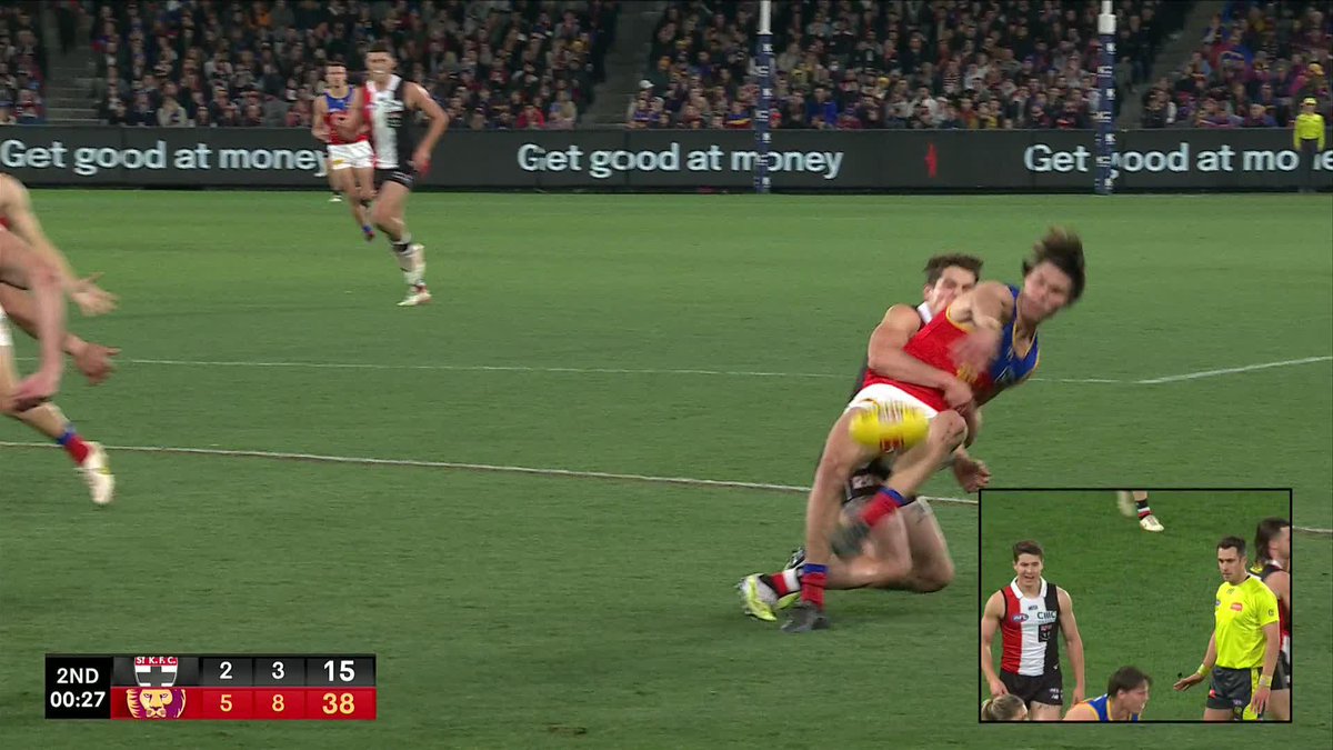 Liam Stocker was reported for a dangerous tackle on Eric Hipwood. #AFLSaintsLions