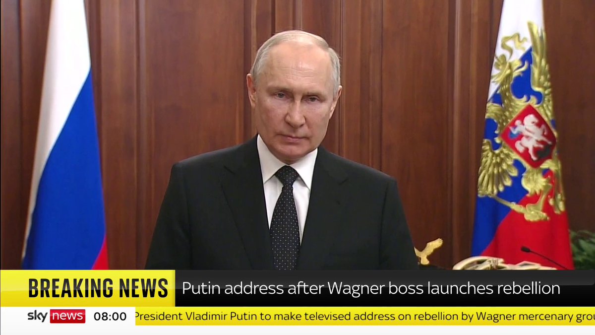 BREAKING: In a recorded address, Vladimir Putin says the Wagner group rebellion is a 'criminal adventuristic campaign' and "equivalent to armed mutiny". He says: "It is an attempt to subvert us from inside. This is treason." Latest: 📺 Sky 501