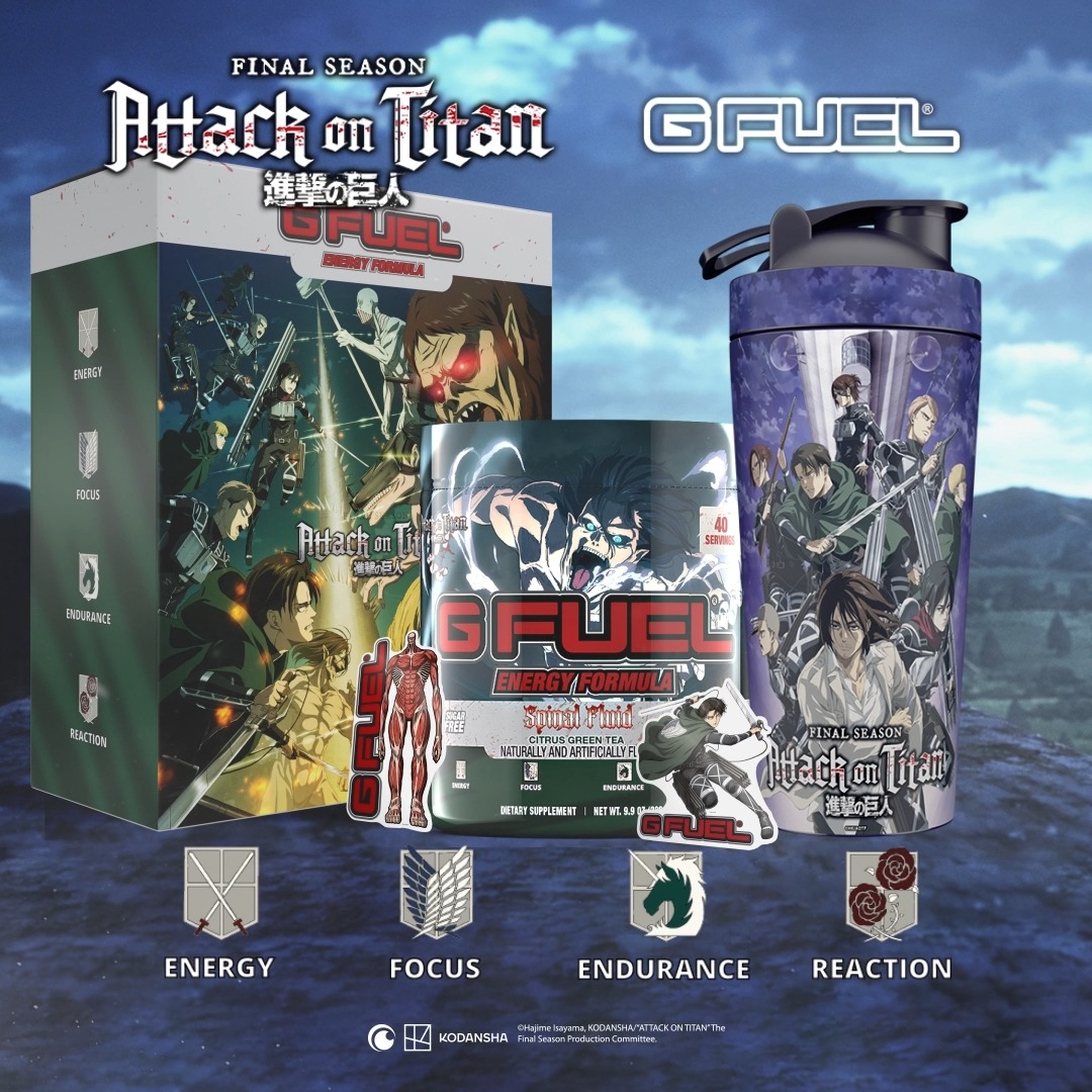 ⚔️ A BRAND-NEW field item from Attack on Titan's SCOUT REGIMENT has arrived: #GFUEL "𝐒𝐏𝐈𝐍𝐀𝐋 𝐅𝐋𝐔𝐈𝐃"! A citrusy-sweet Green Tea serum of the TITANS! ❤️ 𝐑𝐓 to win a COLLECTOR'S BOX! 2 winners picked on Friday! 🛒 𝐆𝐄𝐓 𝐘𝐎𝐔𝐑𝐒:
