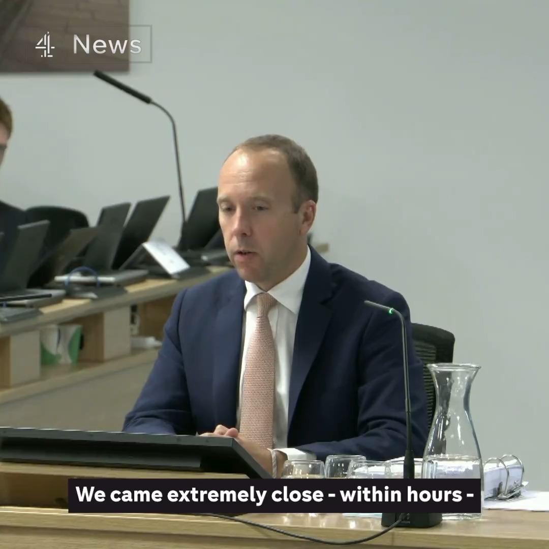 The UK was "within hours" of running out of medical supplies during the pandemic - but was unintentionally saved by work done for a no-deal Brexit, former health secretary Matt Hancock tells the Covid inquiry.