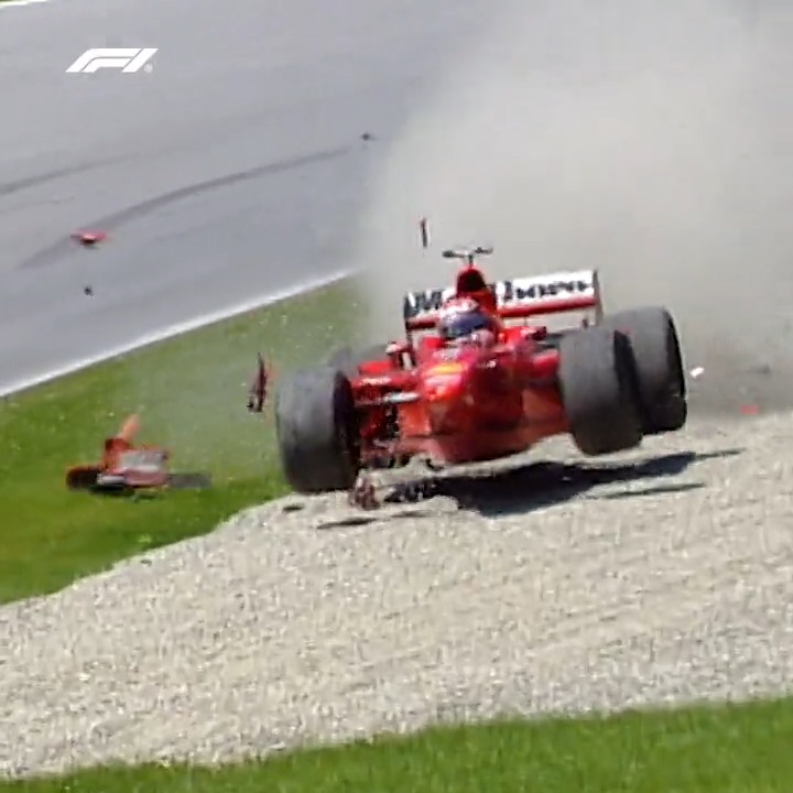 A dramatic moment in the 1998 title fight between Schumacher and Hakkinen 👀 Head to our YouTube channel to watch five of the very best on-track scraps from Austria 👇 #AustrianGP #F1