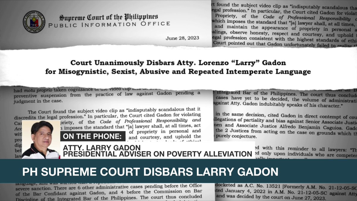 After his disbarment for "misogynistic, sexist, abusive and repeated intemperate language," Larry Gadon says he has no regrets for his previous actions because "my president won." He adds, this will not affect his job as presidential adviser on poverty alleviation. #ANCHeadstart