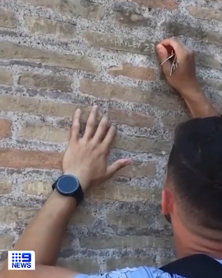 A tourist could face jail time after being caught on camera vandalising the Colosseum in Rome. The man can be seen carving his name into the 2,000-year-old monument. #9News