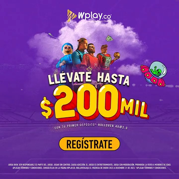 Regístrate en Wplay 💰⚡ Obtén un bono hasta $200mil 🤑 😱 ¡Llega el bono con más POWER de todos! Regístrate en Wplay y vive la emoción de ganar 💵 con más POWER que nunca ⚽ 🔥 *AplicaTyC"