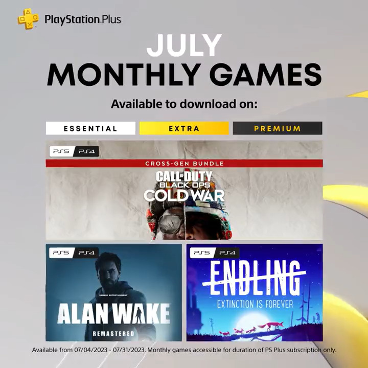 The PlayStation Plus Monthly Games for July are: ➕ Call of Duty: Black Ops Cold War ➕ Alan Wake Remastered ➕ Endling - Extinction is Forever Full details: