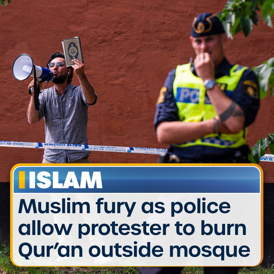 Muslims have reacted with fury after police in Sweden stood by while this anti-Islam protester covered a copy of the Qur'an with bacon and set it out fire outside Stockholm's central mosque.