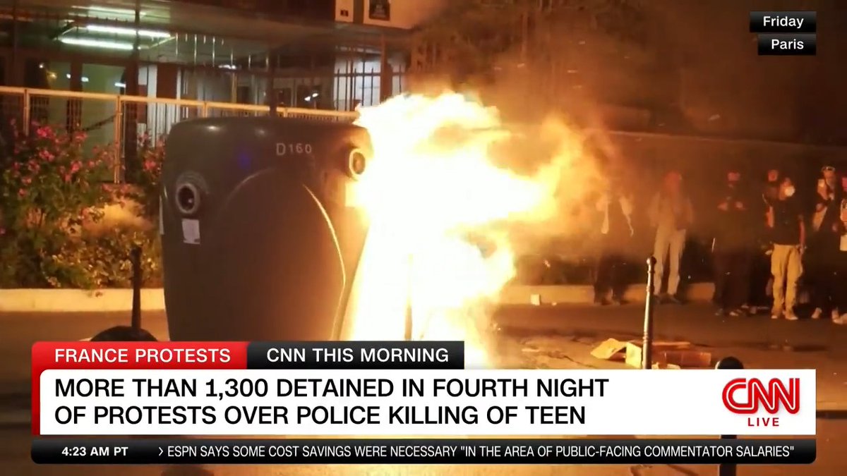 Fires burned across protest sites in France and more than 1,300 people were detained as violent demonstrations over the killing of a 17-year-old shot by police raged for a fourth night