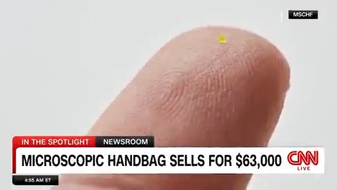 A minuscule handbag measuring just 657 by 222 by 700 microns (or less than 0.03 inches wide) sold for over $63,000 at an online auction