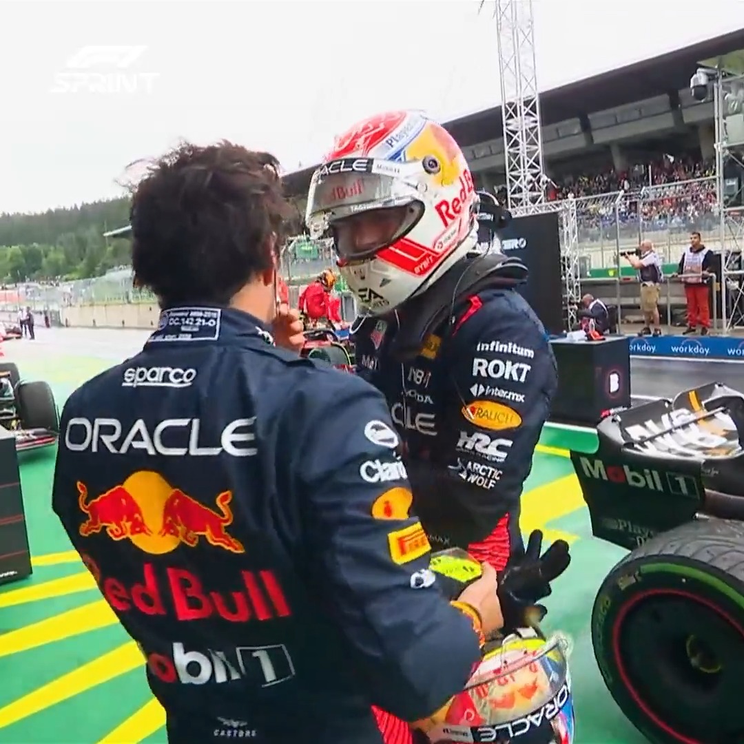 Max and Checo debrief on their hectic Lap 1 battle 😅 #AustrianGP #F1Sprint