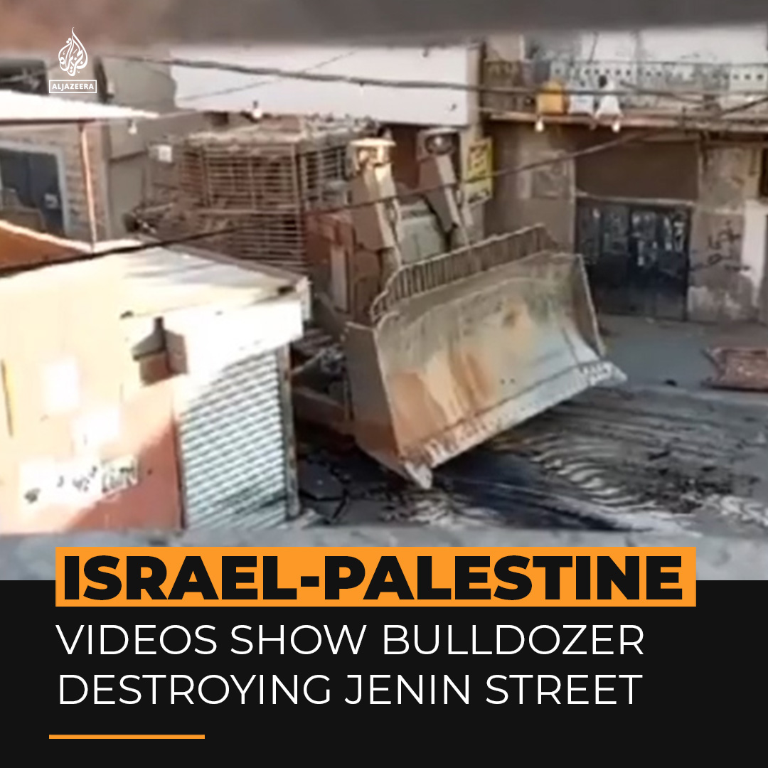 Video footage shows an Israeli bulldozer destroying a street in Jenin refugee camp in the occupied West Bank as Israel's forces carried out a deadly raid. The destruction of the roads has prevented ambulances from getting to injured people, say Palestinian officials ⤵️