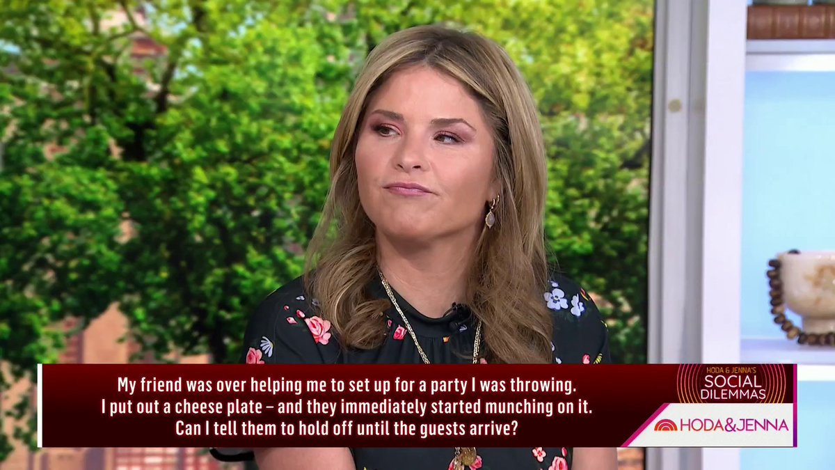 Time to discuss some social dilemmas! First up: Can a friend who was helping you set up for a party munch on the cheese platter before guests arrive? Hoda and Jenna have strong opinions on this one 😂